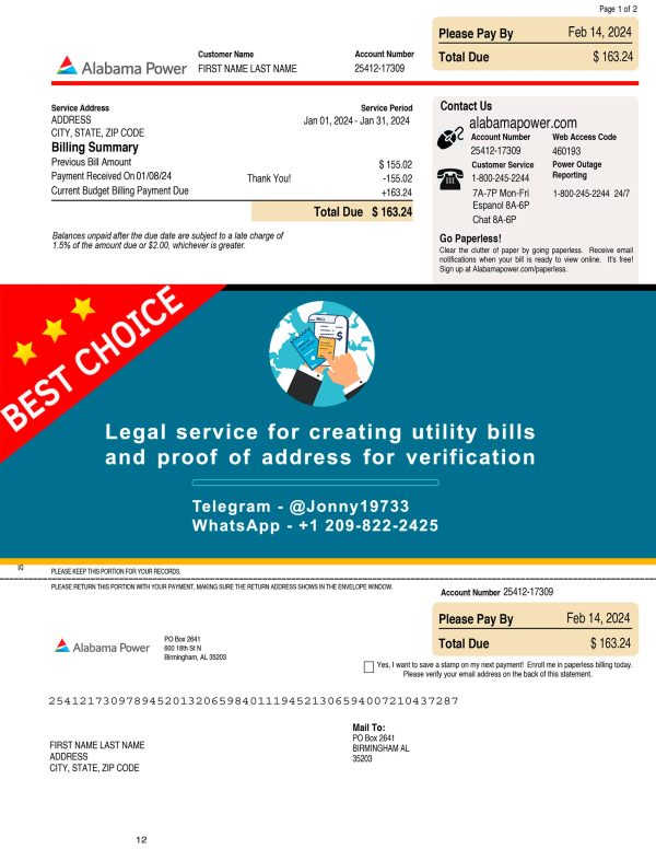 Alabama Fake Utility bill template