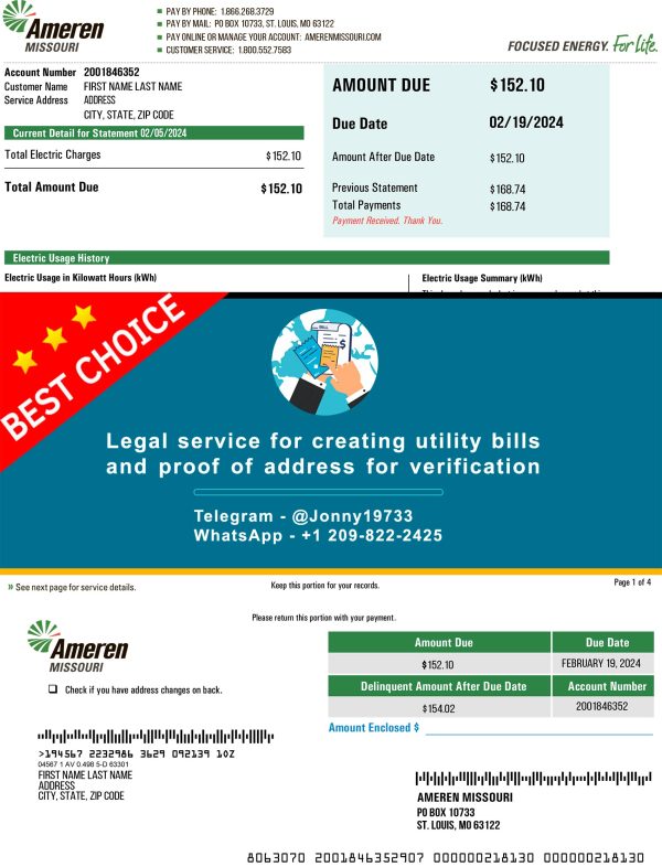 Missouri Fake Utility bill template