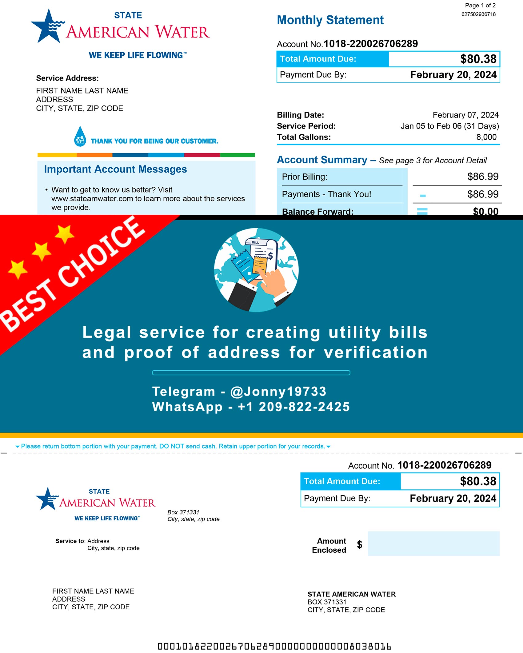 American Water Fake Utility bill template