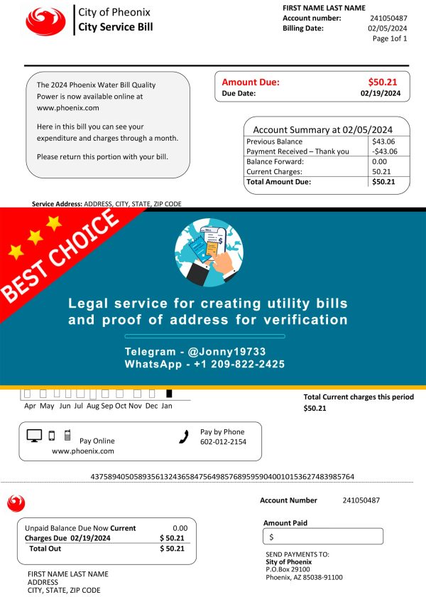 Arizona Fake Utility bill template