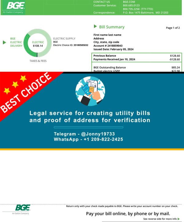 Maryland Fake Utility bill template