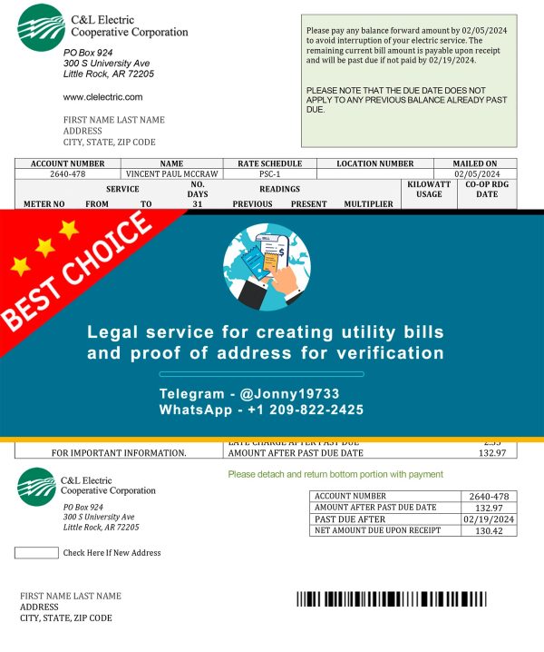 Arkansas Fake Utility bill template