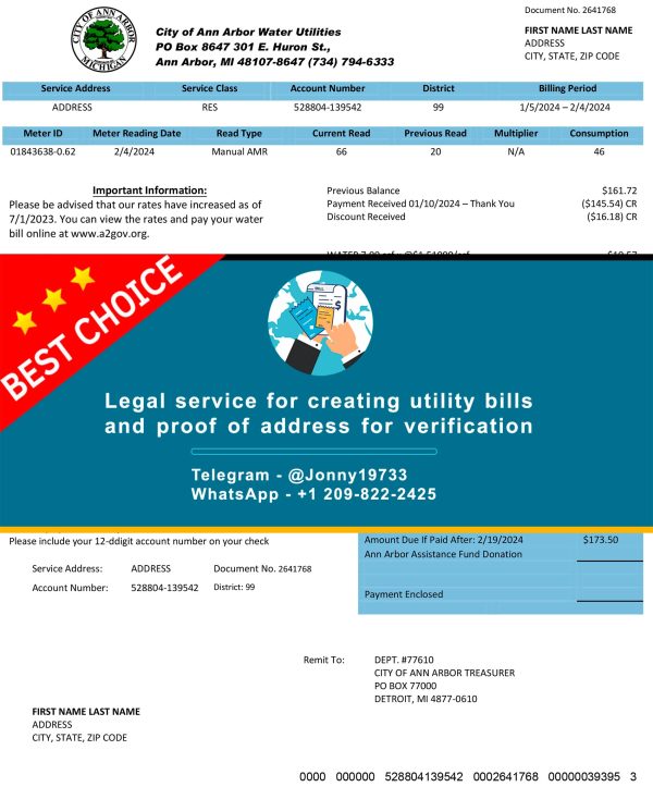 Michigan Fake Utility bill template