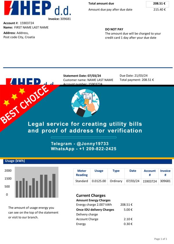 Croatia Fake Utility bill template