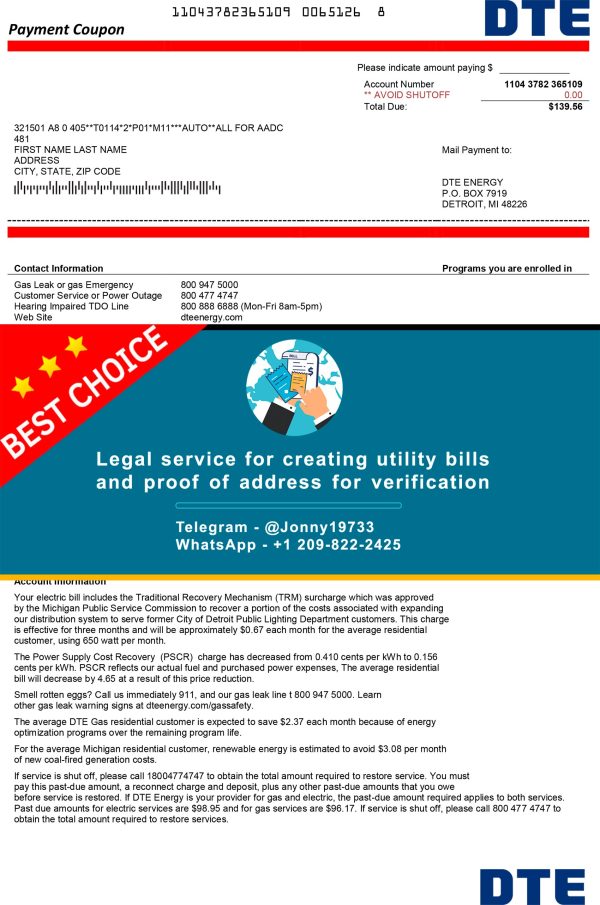 Michigan Fake Utility bill template