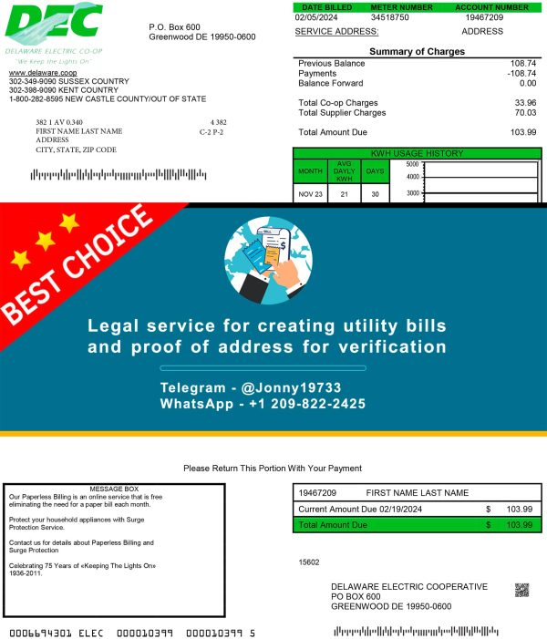 Delaware Fake Utility bill template