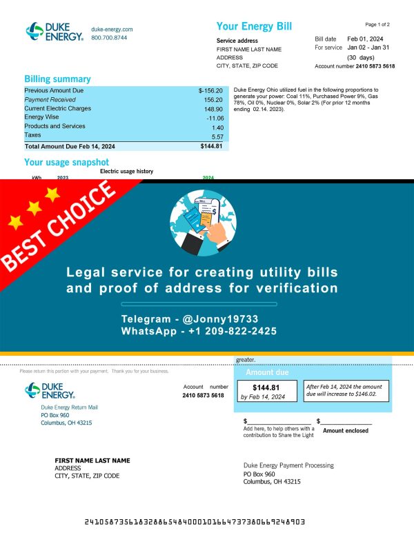 Ohio Fake Utility bill template