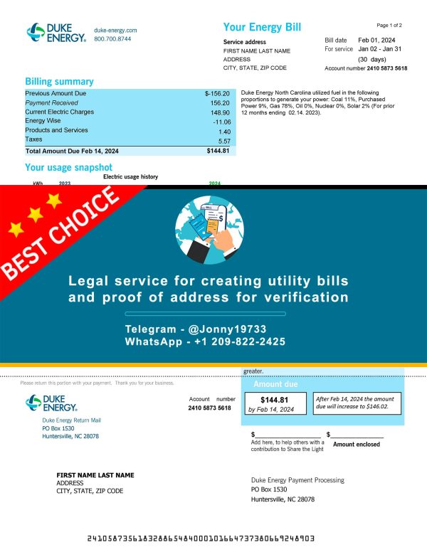 North Carolina Fake Utility bill template