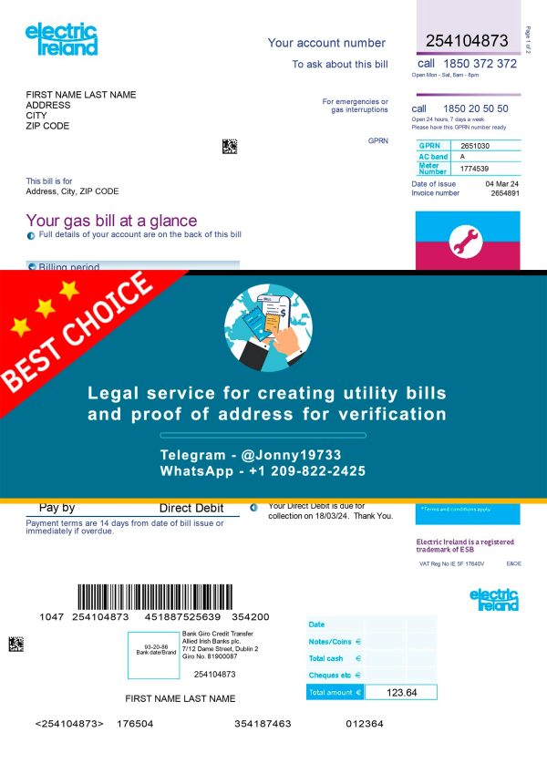 Ireland Fake Utility bill template