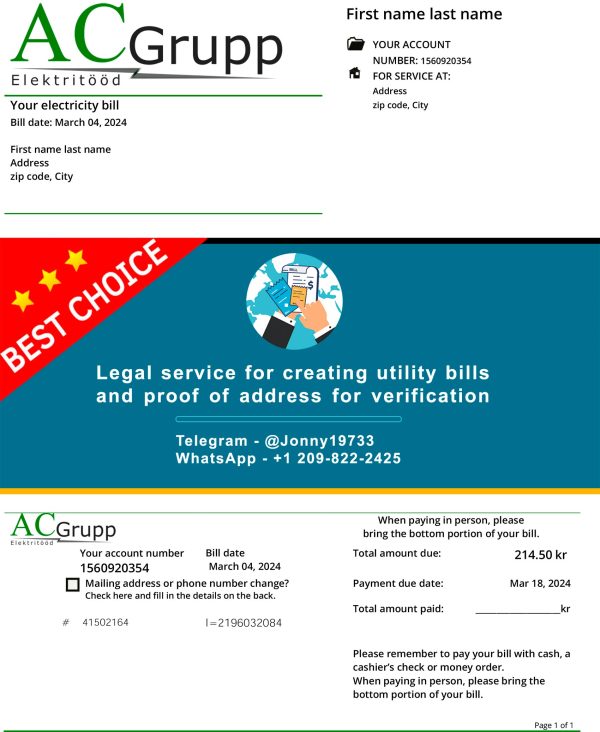 Estonia Fake Utility bill template