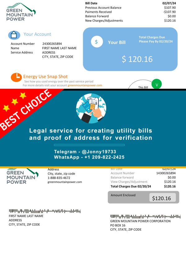 Green Montain Fake Utility bill template