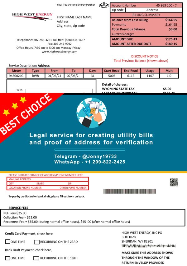 Wyoming Fake Utility bill template