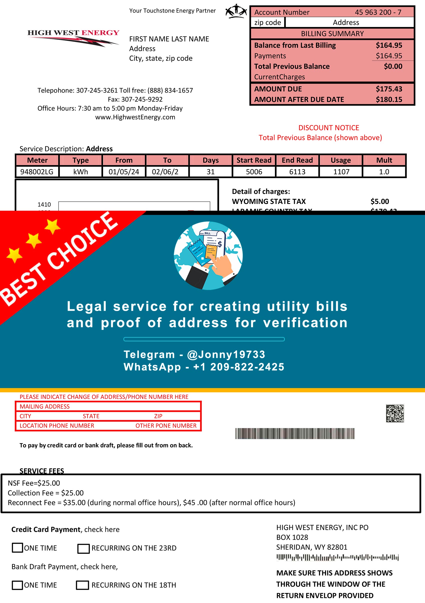 Wyoming Fake Utility bill template