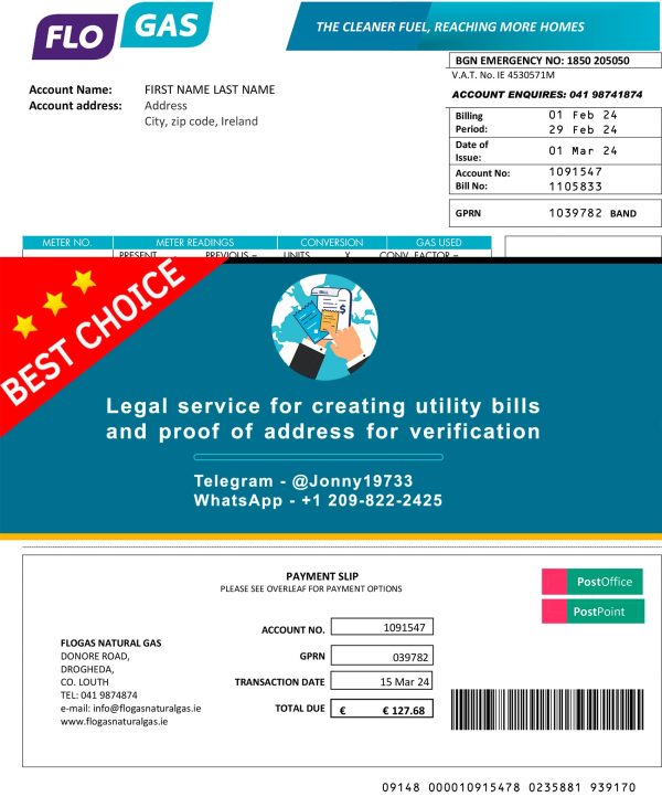 Ireland Fake Utility bill template