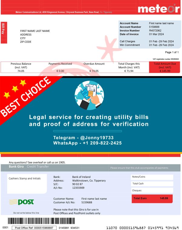 Ireland Fake Utility bill template