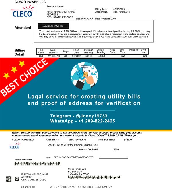 Louisiana Fake Utility bill template