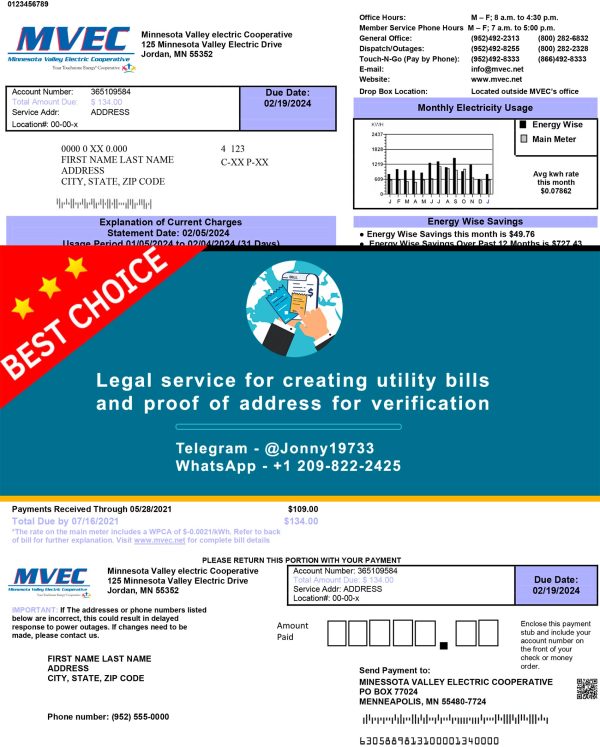 Minnesota Fake Utility bill template