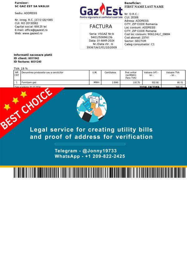 Romania Fake Utility bill template