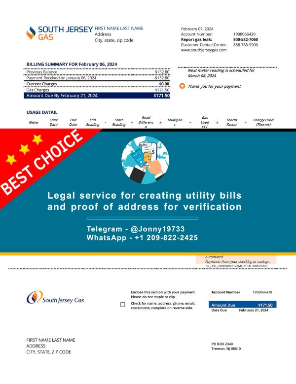 New Jersey Fake Utility bill template