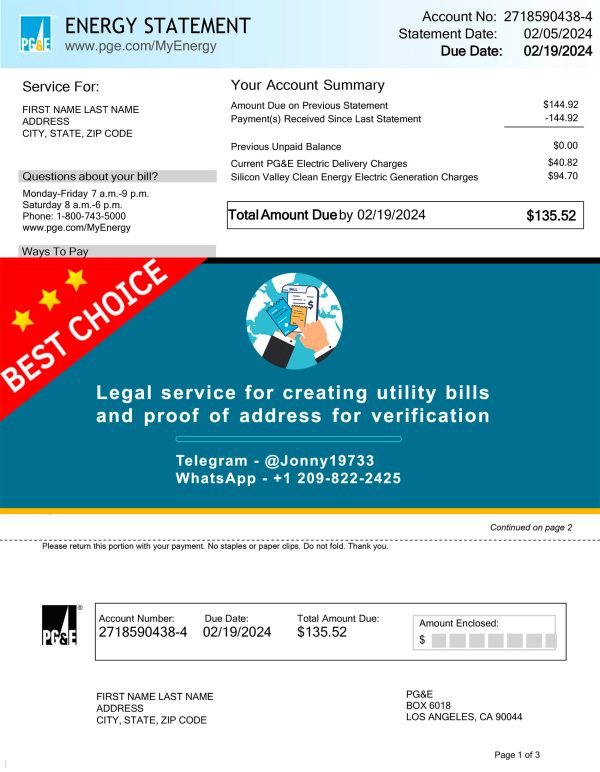 California Fake Utility bill template