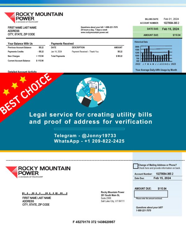 Utah Fake Utility bill template