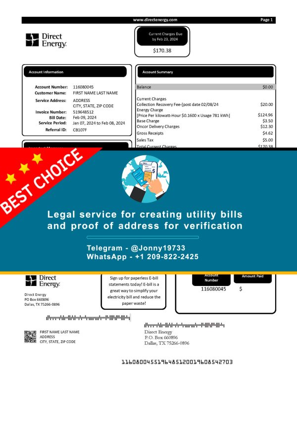 Texas Fake Utility bill template