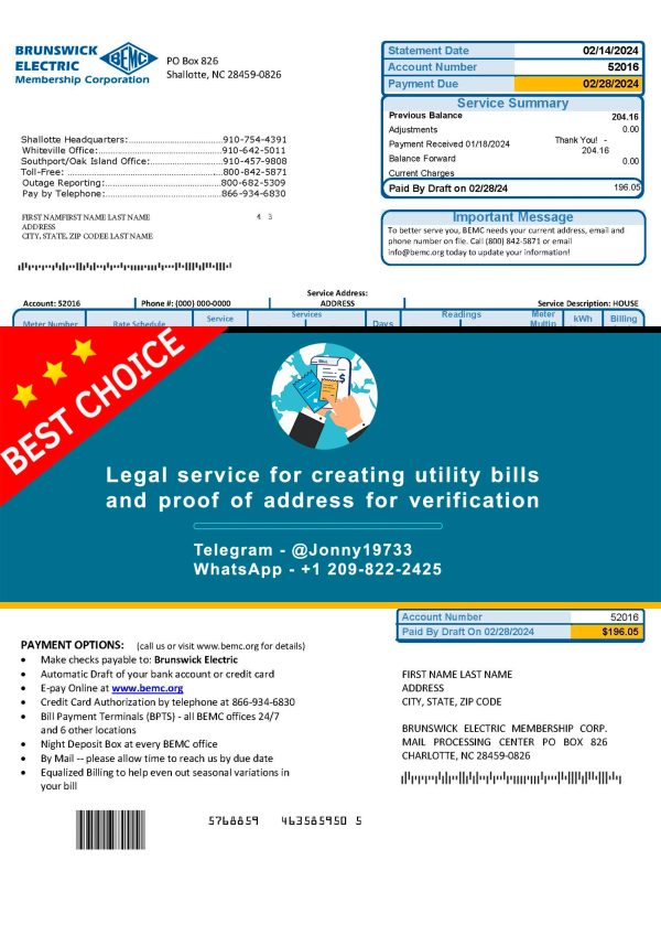 North Carolina Fake Utility bill template