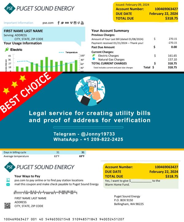 Washington Fake Utility bill template