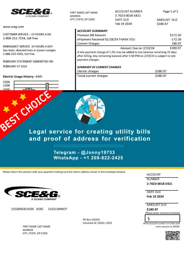 South Carolina Fake Utility bill template