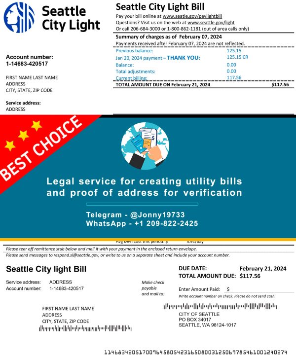 Seattle Fake Utility bill template