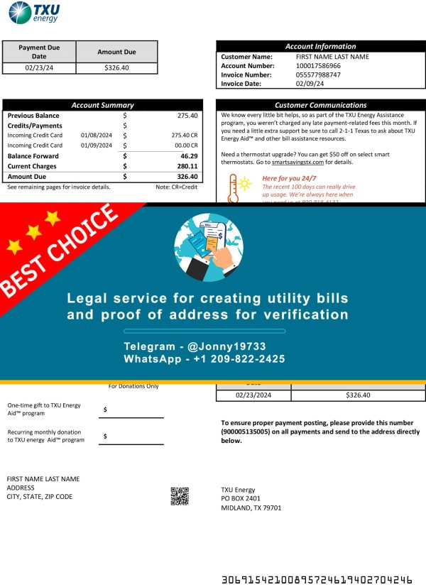 Texas Fake Utility bill template