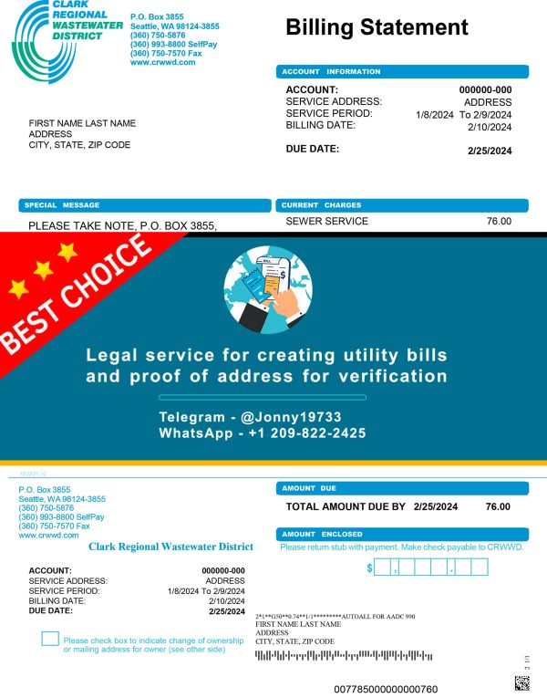 Washington Fake Utility bill template