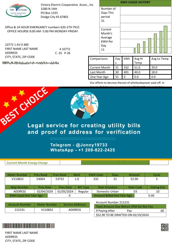 Kansas Fake Utility bill template