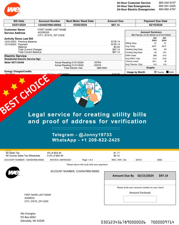 Wisconsin Fake Utility bill template