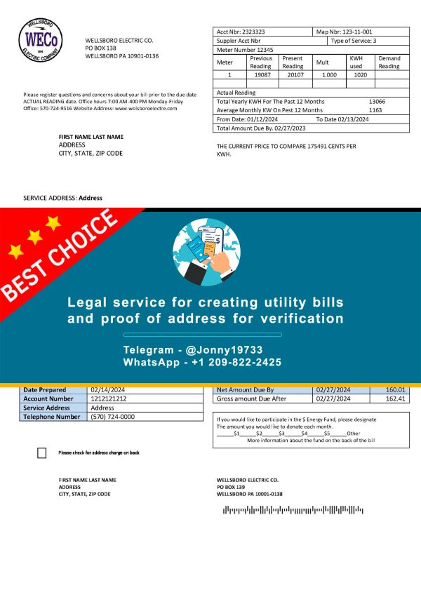 Pennsylvania Fake Utility bill template