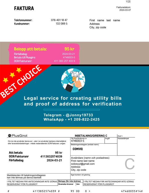 Sweden Fake Utility bill template