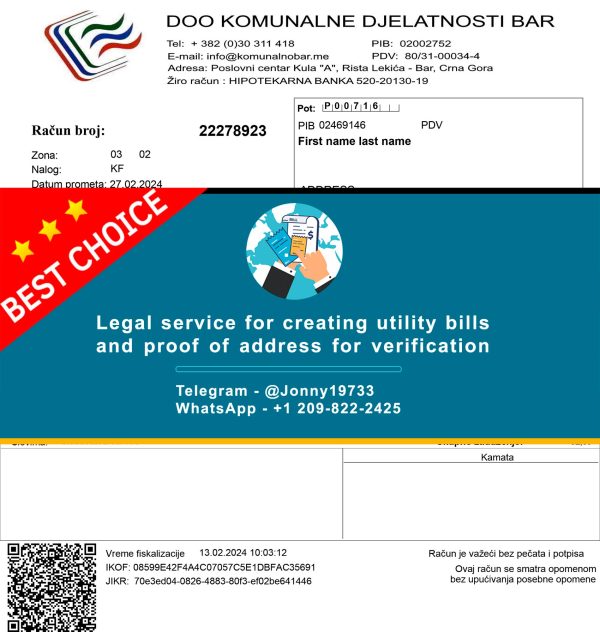 Montenegro Fake Utility bill template