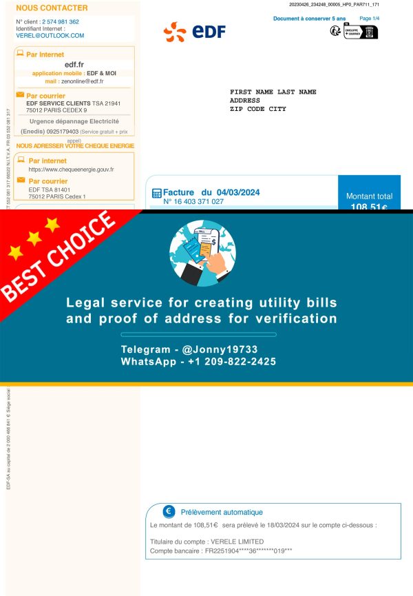 France Fake Utility bill template