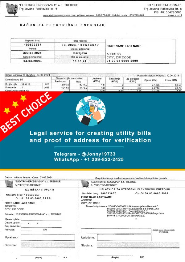 Bosnia and Herzegovina Fake Utility bill template