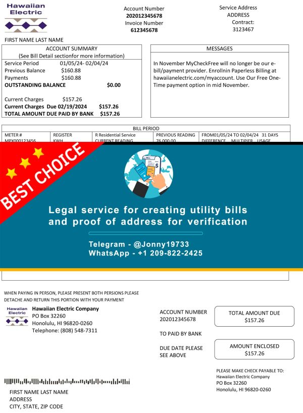 Hawaii Fake Utility bill template