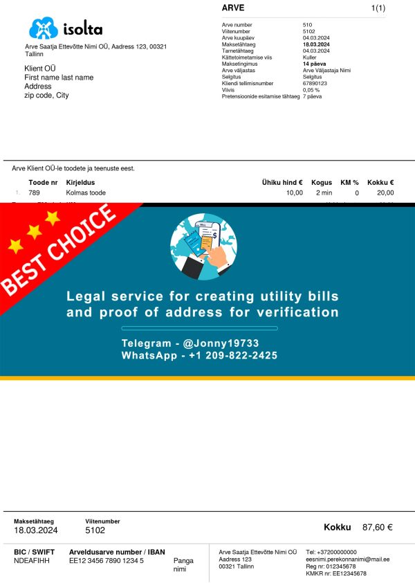 Estonia Fake Utility bill template