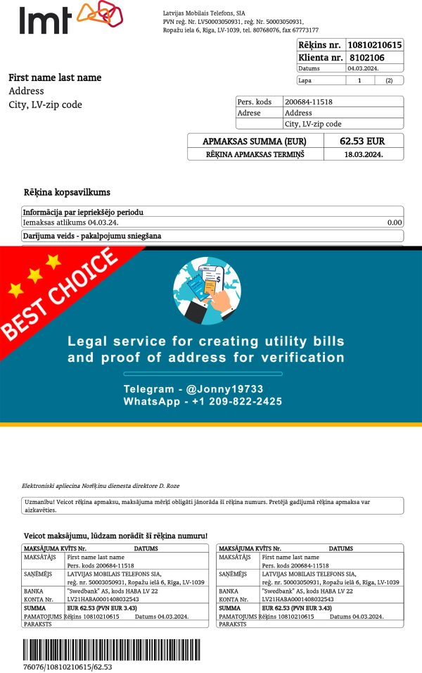 Latvia Fake Utility bill template