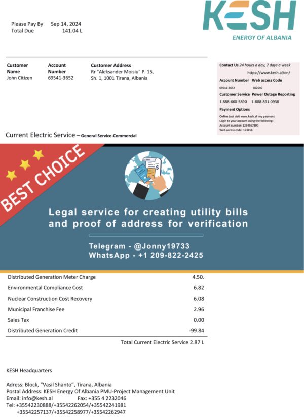 Albania Fake Utility bill template