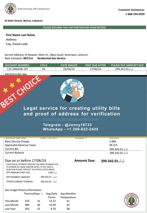 Lebanon Fake Utility bill template