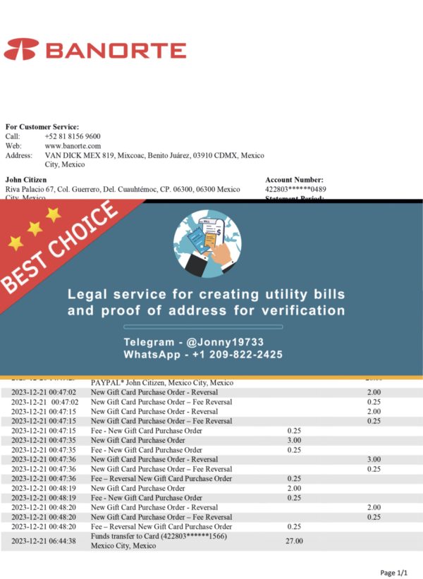 Mexico Fake Utility bill template