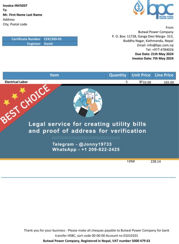 Nepal Fake Utility bill template