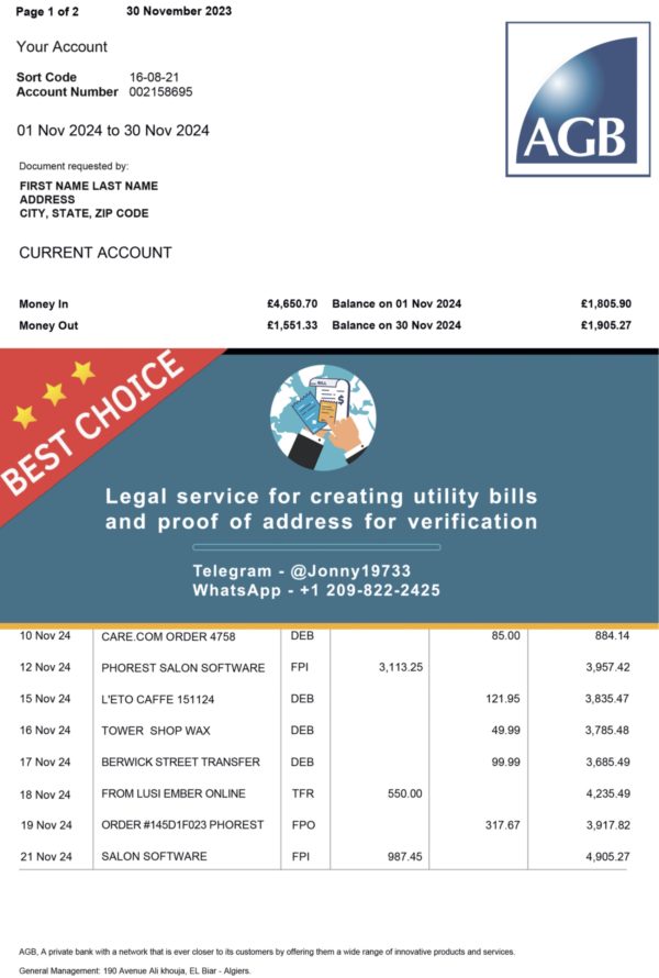 Algeria Fake Utility bill template