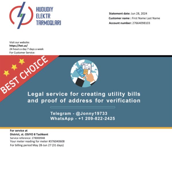 uzbekistan Fake Utility bill template